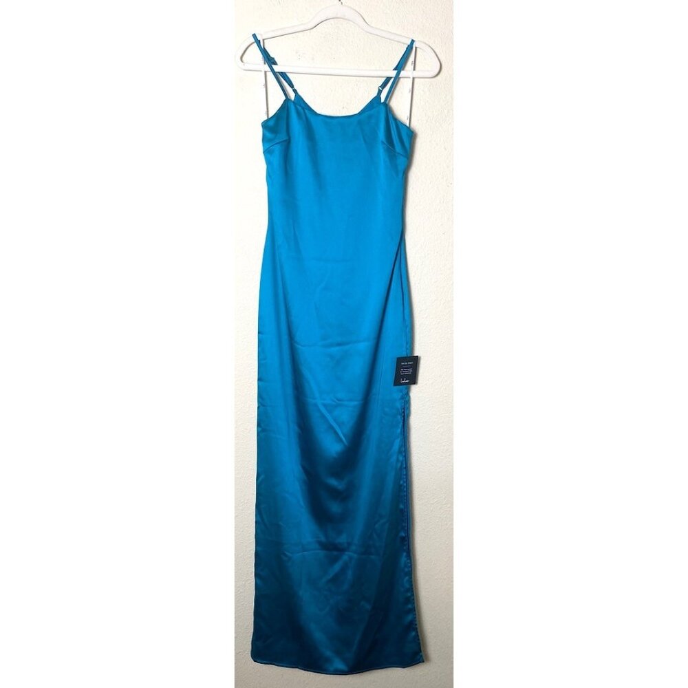 NWT Lulus Easy Radiance Satin Slip Maxi Dress Sleeveless Leg Slit Gown Teal Blue - Picture 3 of 7